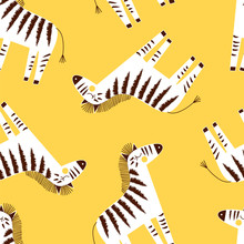 Zebra Seamless Pattern On Yellow Background, Summer Kids And Nursery Fabric Textile Print