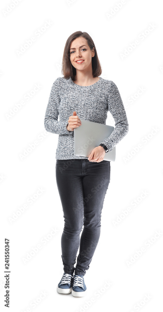 Young woman with laptop on white background