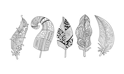 Sticker - Artistically drawn feathers set, black and white vintage, tribal, stylized feathers, pattern for coloring page vector Illustration on a white background