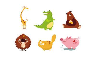 Poster - Cute funny animals set, giraffe, crocodile, bear, sheep, cat, pig vector Illustration