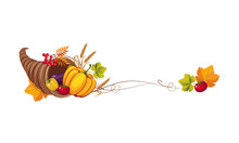 Thanksgiving Banner With Cornucopia And Space For Text, Autumn Vegetables And Leaves Vector Illustration