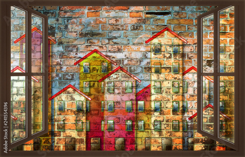 Fototapeta na wymiar Neighborly relationships concept image with housing view from a window