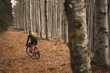 PRAHOVA/ROMANIA - OCTOBER 28, 2018: Autumn mountain scene riding with a mountain bike equipped with travel bags.