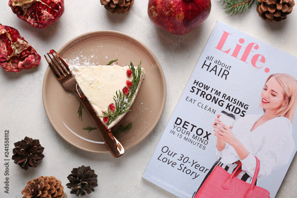 Piece of tasty Christmas cake on light table
