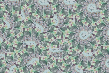 Polish zlotys - beautiful geometric ornament, texture, pattern from Polish currency, 100 PLN bills (banknotes face value PLN 100) - carpet from money - isolated on a white background