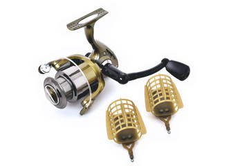 fishing reel, fishing feeders white background close-up