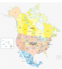 administrative and political vector map of the three north american states, mexico, canada and the u