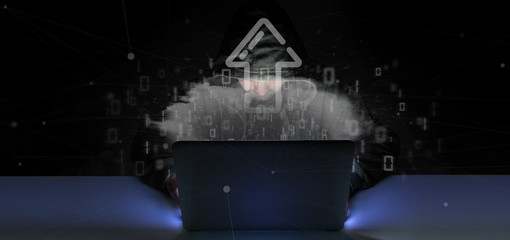 Poster - Man hacking a Binary cloud with upload internet arrow 3d rendering