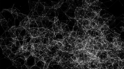 Poster - White digital data and network connection triangle lines and spheres in futuristic technology concept on black background, 3d abstract illustration