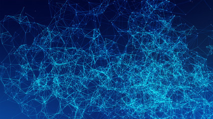 Poster - Blue digital data and network connection triangle lines and spheres in futuristic technology concept on blue background, 3d abstract illustration