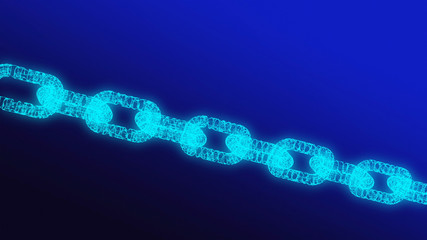 Poster - Digital data and network connection structure of illuminated Blockchain shape on blue background. data node base in futuristic technology concept. 3d abstract illustration background