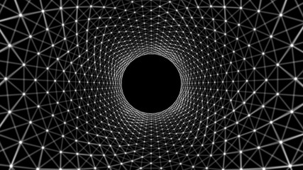 Poster - Circles spiral of architecture structure tunnel shape on black background, optical illusion. Abstract pattern design element. 3d lines illustration background