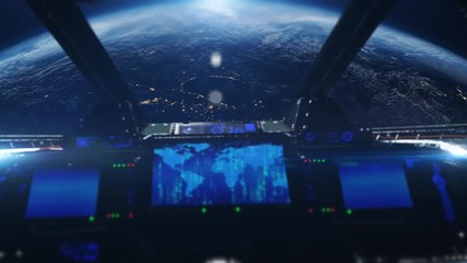 Wall Mural - the cockpit and interior of a spacecraft flying above planet earth
