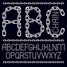 Vector English Alphabet Letters, Abc Collection. Capital Decorative Font Created Using Chrome Chain, Linkage.