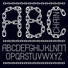 Fototapete - Vector English alphabet letters, abc collection. Capital decorative font created using chrome chain, linkage.