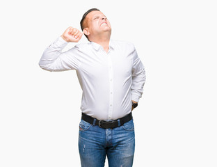 Middle age arab elegant man over isolated background stretching back, tired and relaxed, sleepy and yawning for early morning