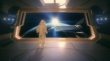 Wall Mural - Astronaut and the space shuttle above planet earth