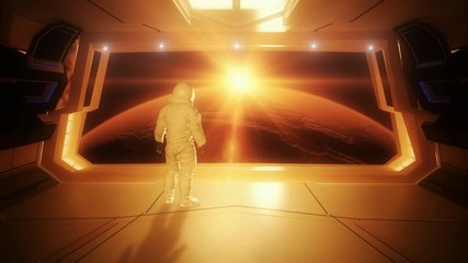 Wall Mural - Astronaut seeing planet Mars from a space ship ot space station