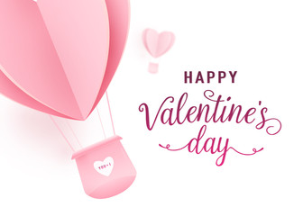 Wall Mural - Happy valentines day vector design with paper cut pink heart shape hot air balloons flying on white background. Holiday greeting with love. Vector illustration