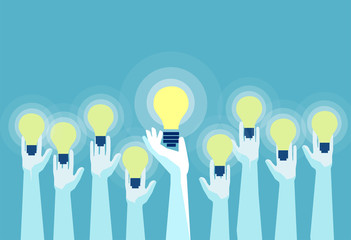 Vector of multiple hands holding bright lightbulbs.