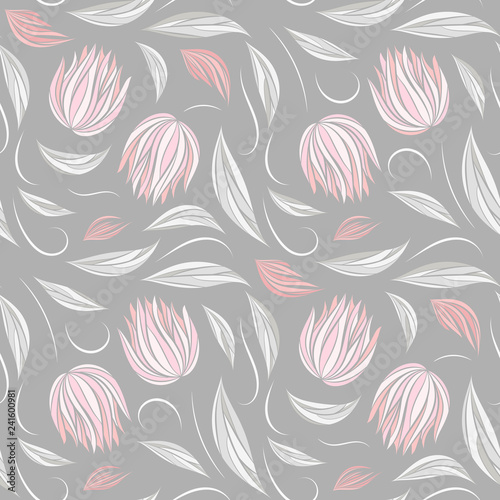 Seamless vector floral pattern with abstract flowers and leaves in pastel col...