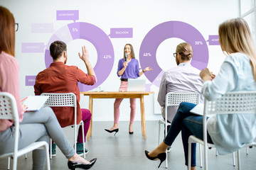 Wall Mural - Young woman speaker reporting to the audience during the meeting in the conference room with charts on the background