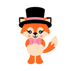 Wall Mural - cartoon cute fox with tie and hat vector