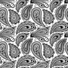 Wall Mural - Seamless black and white paisley ornament. Print turkish cucumber. Hand-drawn pattern for textiles. Vector illustration.