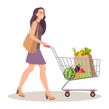 Beautiful Young Woman With Shopping Cart Full Of Packages With Vegetables And Fruits. Happy Smiling Woman With Products. Vector Illustration In Flat Style, Isolated On White.