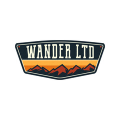 mountain illustration, outdoor adventure logo badge. wander ltd text. vintage hand drawn camping emb