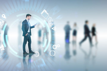Poster - Man with smartphone, team, business interface