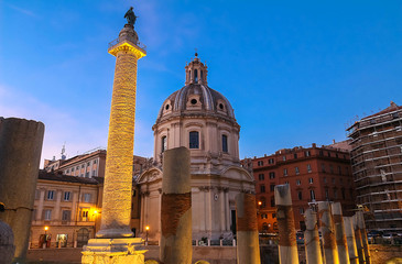 Trajan's Column and The Church of the Most Holy Name of Mary at the Trajan Forum, Rome, Italy.