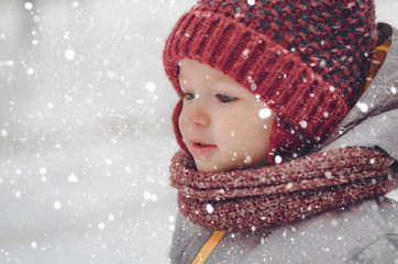 Canvas Print - Portrait of a cute baby dressed in a gray jacket and a red hat that walks through the snow covered park  enjoying first snow blowing