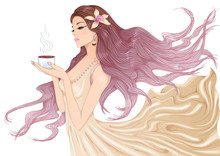 Vector Illustration Of A Beautiful Young Girl With Long Hair In A Flowing Dress With A Cup Of Hot Coffee Or Tea In Her Hands. Isolated On White Background.