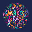 Vector Hand drawn Mardi Gras Lettering text inscription round shape. Carnival Colorful Party Elements confetti fireworks