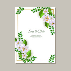 Vector illustration of wedding invitation card with tender floral compositions of light pink flowers and green leaves on white background. Romantic natural design with copy space.