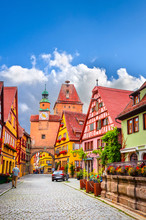 Beautiful Streets In Rothenburg Ob Der Tauber With Traditional German Houses, Bavaria, Germany