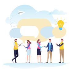 Wall Mural - Hand shake of business people,  Recruitment, Human Resources, Speech bubble, message, chat, conversation, communication. Flat cartoon miniature  illustration vector graphic on white background.