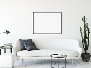 Frame mockup. Living room interior wall mockup. Wall art. 3d rendering, 3d illustration.