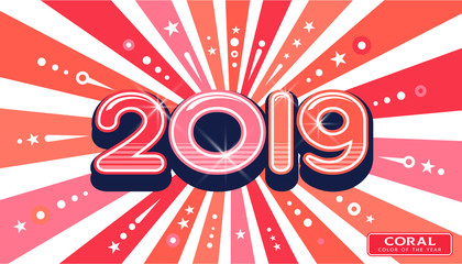 Wall Mural - banner card. 2019 coral color of the year sunburst