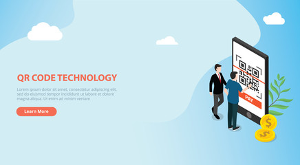 Poster - qrcode isometric online payment technology scan with business man team people standing side of big smartphone with gold coin money