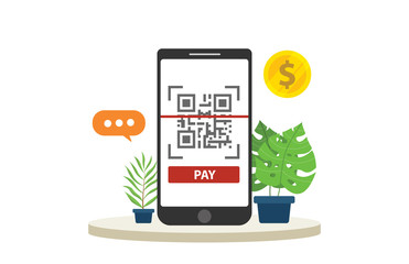 Poster - qrcode mobile payment technology isolated with big smartphone focus and gold coin money
