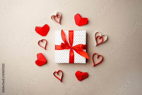 Present Or Gift Box Paper Origami Heart And Confetti On
