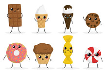 Cute Funny Food Characters Set Isolated On White Background. Sweets Collection. Junk Food. Ice Cream, Donut, Cookies, Candy, Cake. Beautiful Simple Cartoon Design. Flat Style Vector Illustration.