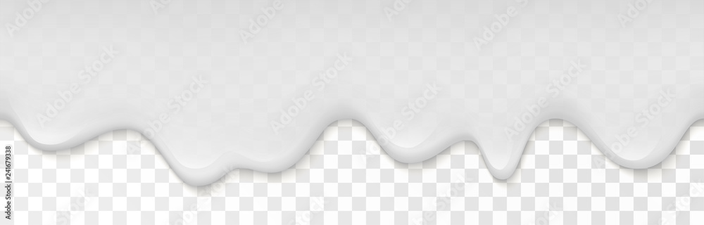 Creamy liquid, yogurt cream, ice cream or milk melting and flowing on transparent background. White creamy drips. Simple cartoon design. Template for banner or poster. Realistic vector illustration. - obrazy, fototapety, plakaty 