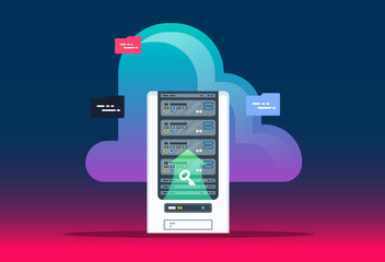 Wall Mural - Cloud computing technology. Data center with hosting server racks. Website banner of business cloud computing. Modern vector illustration for web design.