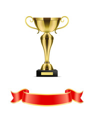 Wall Mural - gold trophy cup with red ribbon vector decoration