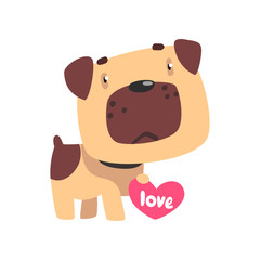 Poster - Funny Pug dog holding pink heart, cute Valentine animal character vector Illustration