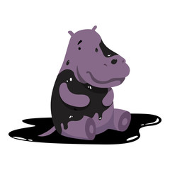 Sticker - Hippo in oil stains, global environmental problem, ecological disaster vector Illustration on a white background