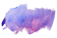 Blue Watercolor Purple Tinge Stain, On White Background Isolated. Hand-drawn Blot On White Background Isolated.